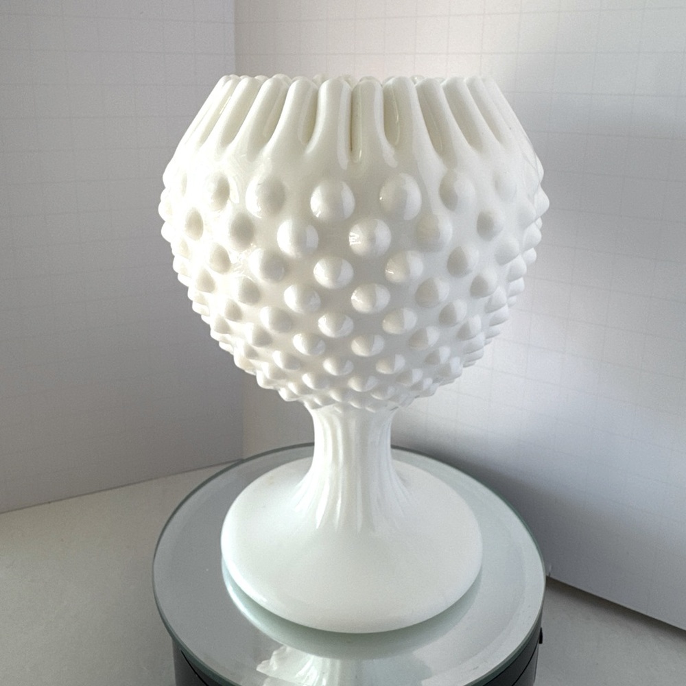 Fenton Milk Glass Hobnail Pedestal Ivy Vase Ribbon Crimped -6" Tall vintage